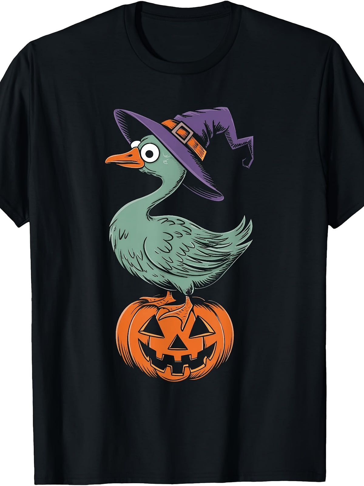 Cartoon, Men'S And Women'S T-Shirt, Witch Duck on Pumpkin Halloween Design, Halloween Party Autumn Season