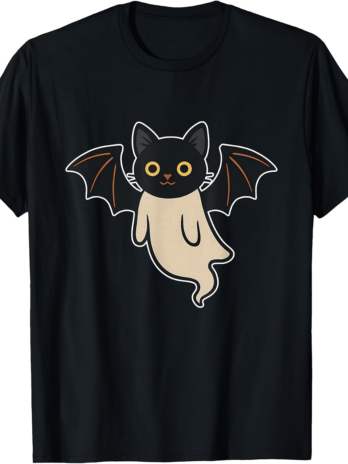 Cute Cartoon Style, Men'S And Women'S T-Shirt, Black Cat with Bat Wings Ghost Design, Halloween Party Fall Season