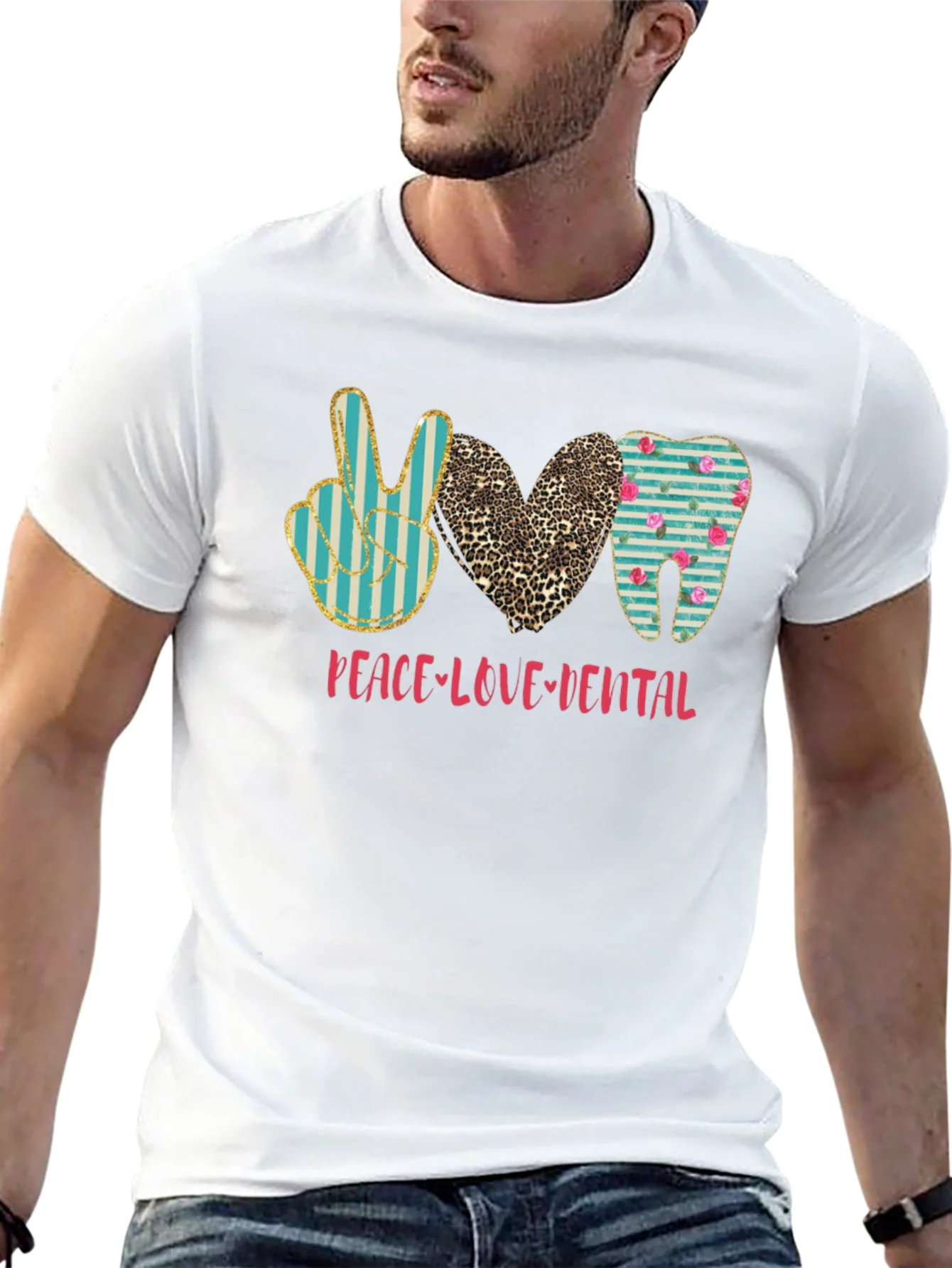 Peace Love Dental T-Shirt Black Cotton Casual Graphic Tee