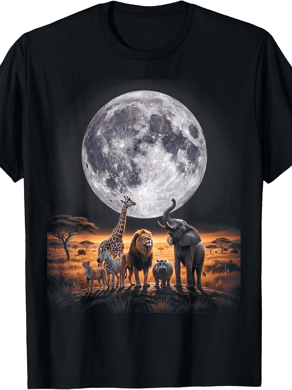 Men's And Women's T-Shirt, African Safari Animals Under Full Moon Graphic, Summer Outdoor Wear