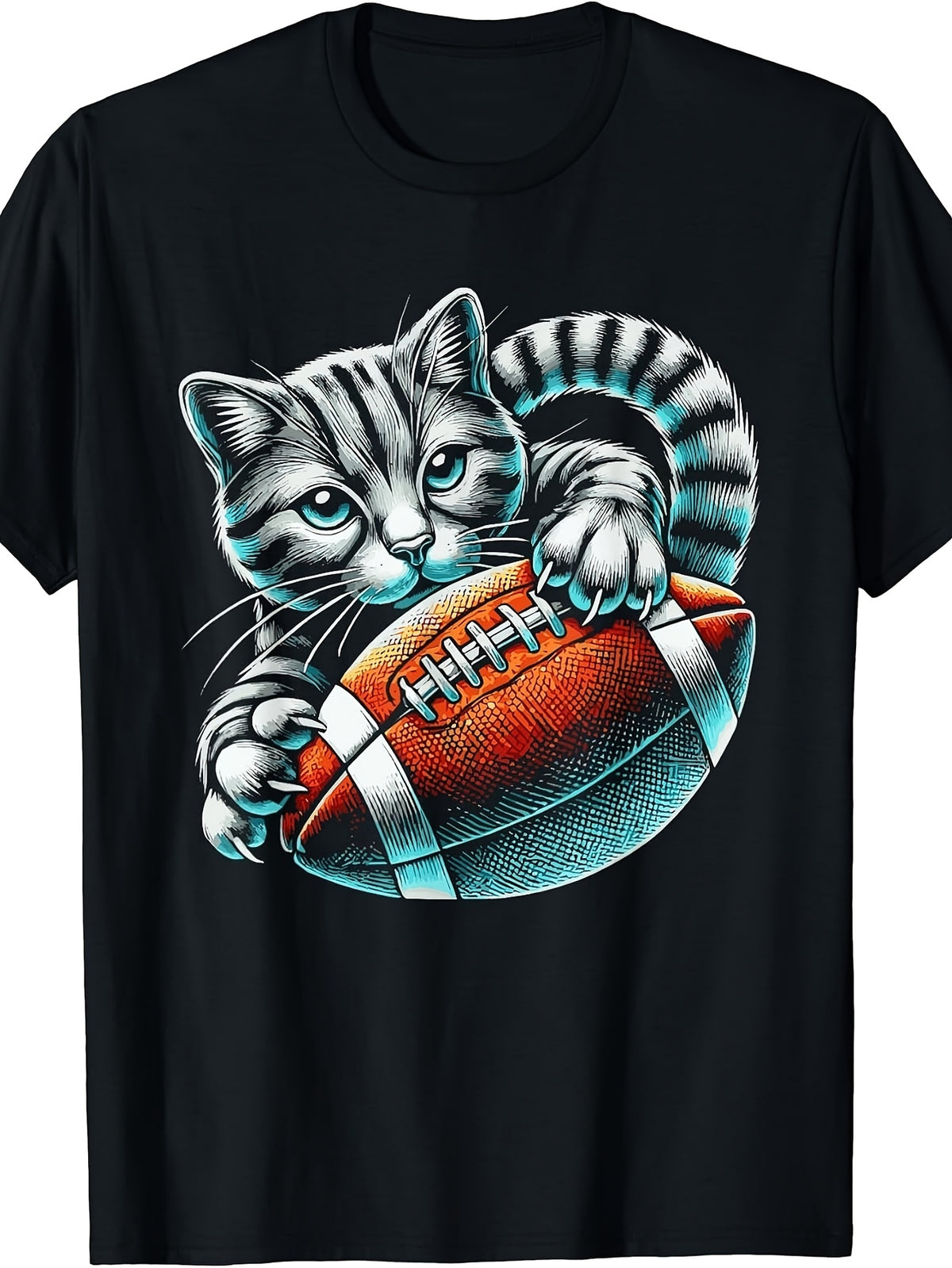 Men's & Women's Retro Cat & American Football T-Shirt - Cute Kitten with Rugby Ball Design, Round Neck Casual Tee Suitable for Fall Winter, Machine Washable Unisex Apparel for Events & Casual Attire