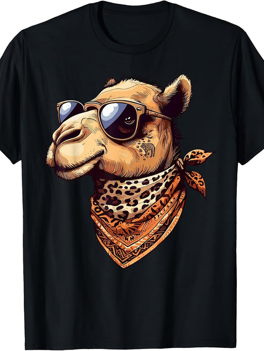 Cool Camel with Fashion Glasses And Bandana, Men's And Women's T-Shirt, Funny Animal Graphic Tee, Summer Casual Wear