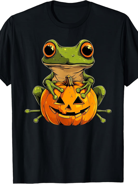 Men's & Women's Retro Green Frog T-Shirt - Green Frog Holding Jack-O-Lantern Pumpkin, Round Neck Regular Fit Suitable for Halloween Party Costume Gift, Autumn Casual Wear, Machine Washable Apparel