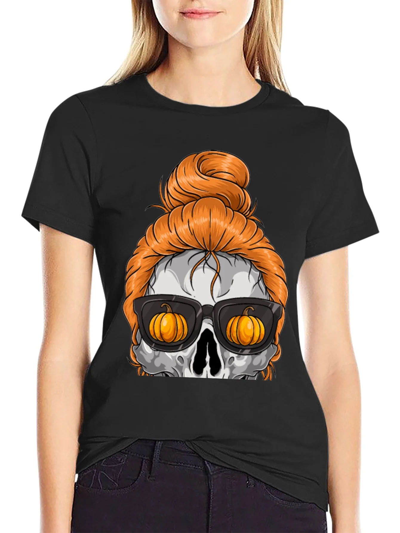 Pumpkin Skull Messy Bun Halloween T-Shirt