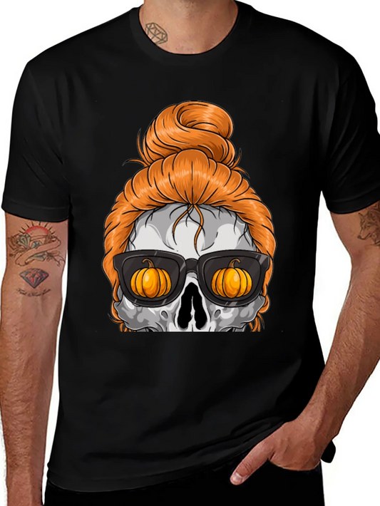 Pumpkin Skull Messy Bun Halloween T-Shirt