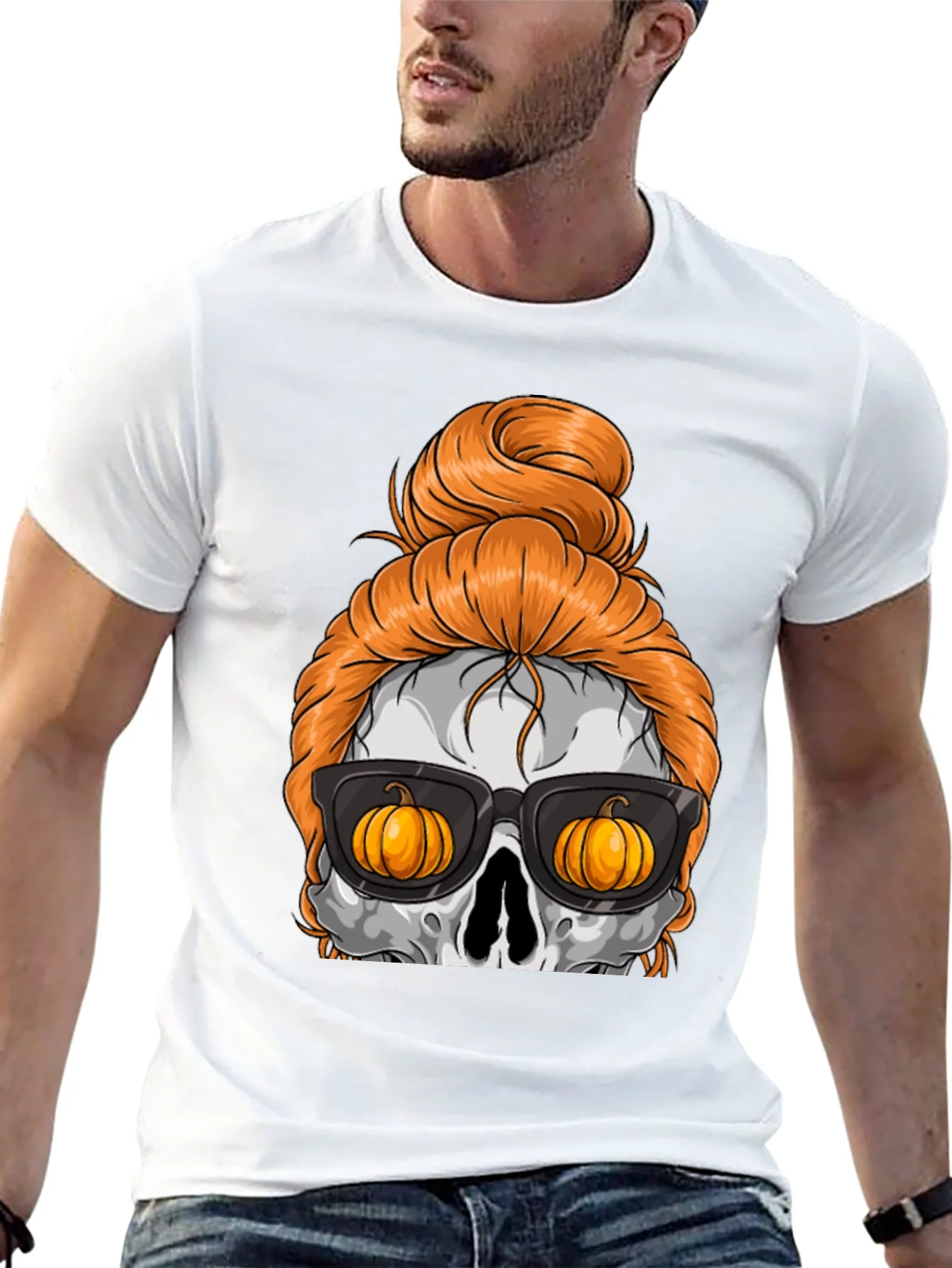 Pumpkin Skull Messy Bun Halloween T-Shirt