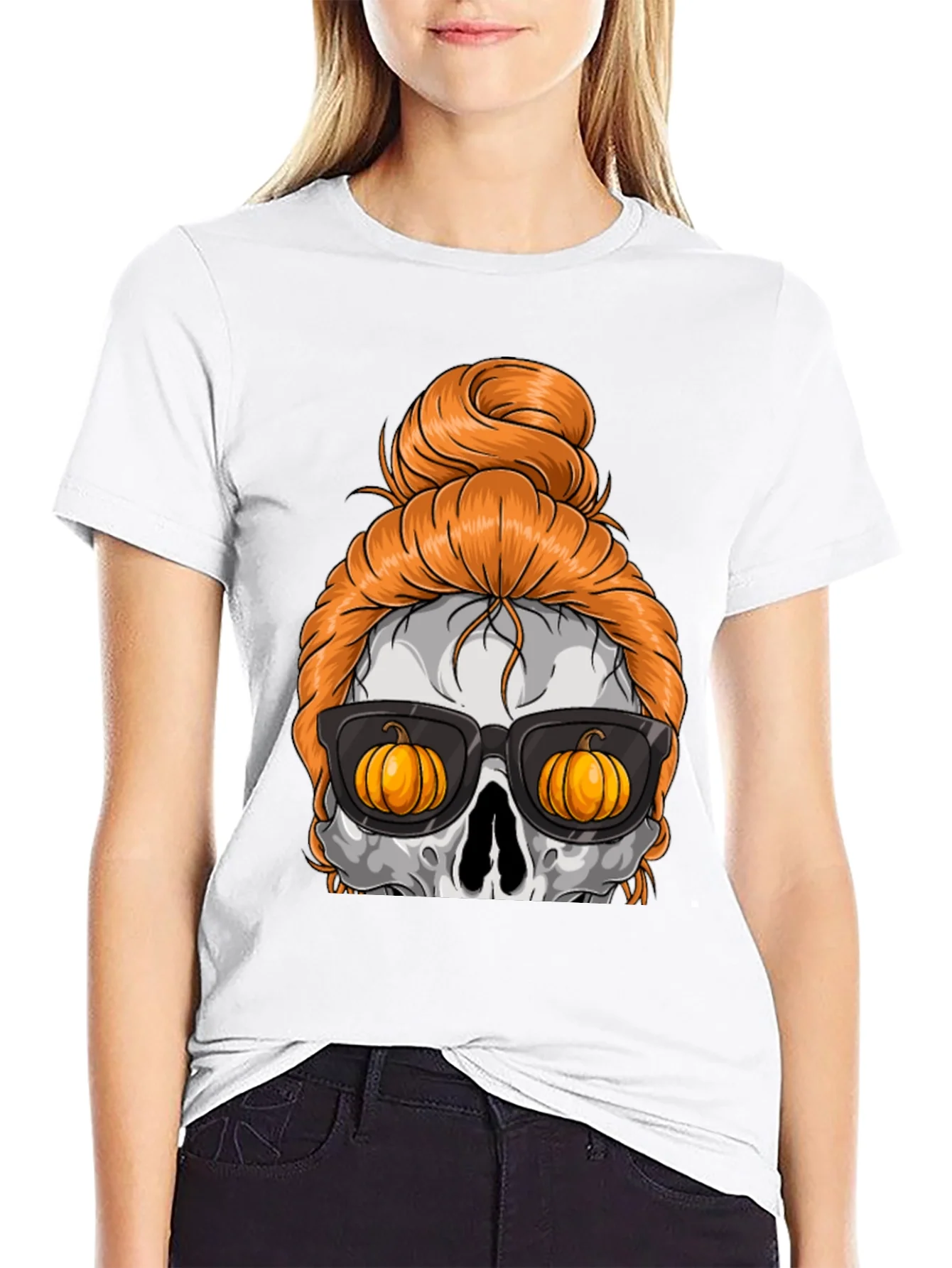 Pumpkin Skull Messy Bun Halloween T-Shirt