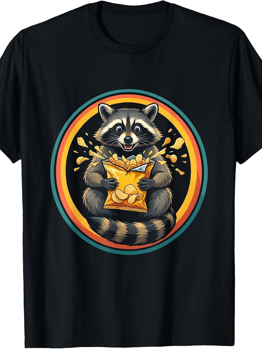 Retro Raccoon Snack Attack Chip Bag Graphic T-Shirt - Vintage Suitable for - Casual Wear, Machine Washable Round Neck Tee with Iconic Raccoon & Snack Print for Apparel