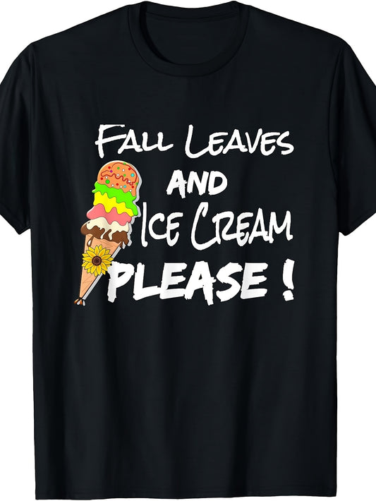 Fall Leaves and Ice Cream Please T-Shirt - Fall-themed Ice Cream T-Shirt - Unisex-Adults - Black - Small - Short Sleeve - Crew Neck - Classic Fit