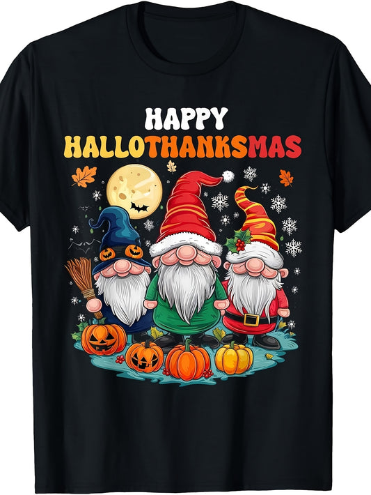 Happy Halloween Thanksgiving Christmas Gnomes T-Shirt, Men, Black, Size Small
