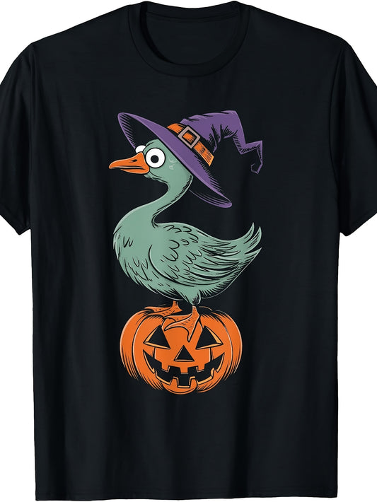Cartoon, Men'S And Women'S T-Shirt, Witch Duck on Pumpkin Halloween Design, Halloween Party Autumn Season