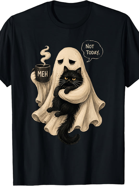 Men's & Women's Retro T-Shirt - Cute Holding Black Cat & Coffee Mug with Meh Text - Suitable for Halloween & Casual Attire, Casual Round Neck Tee, Machine Washable Apparel for Year-Round Comfortable Outfits