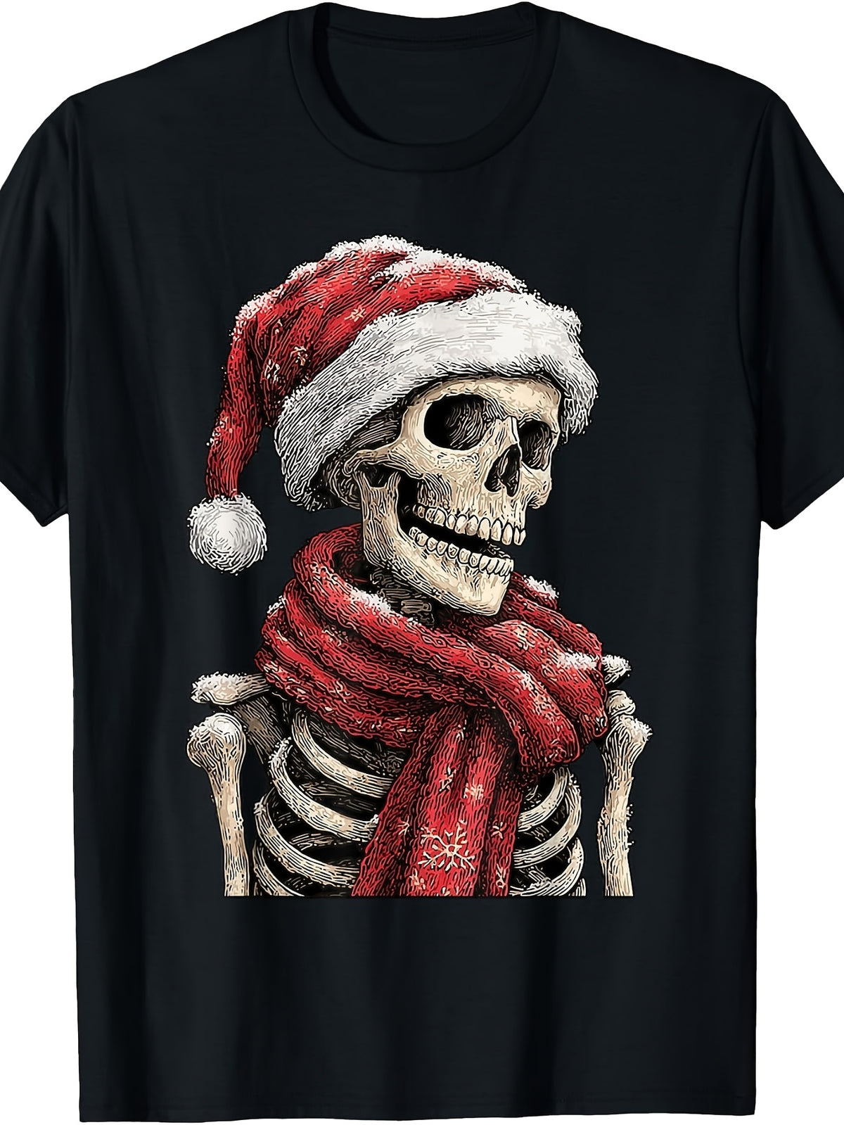 Gothic Christmas T-Shirt - Spooky Skeleton with Santa Hat Retro Graphic Tee, Round Neck Casual Top Suitable for Year-Round Wear, Machine Washable Winter Holiday Apparel for Parties & Everyday Outfits