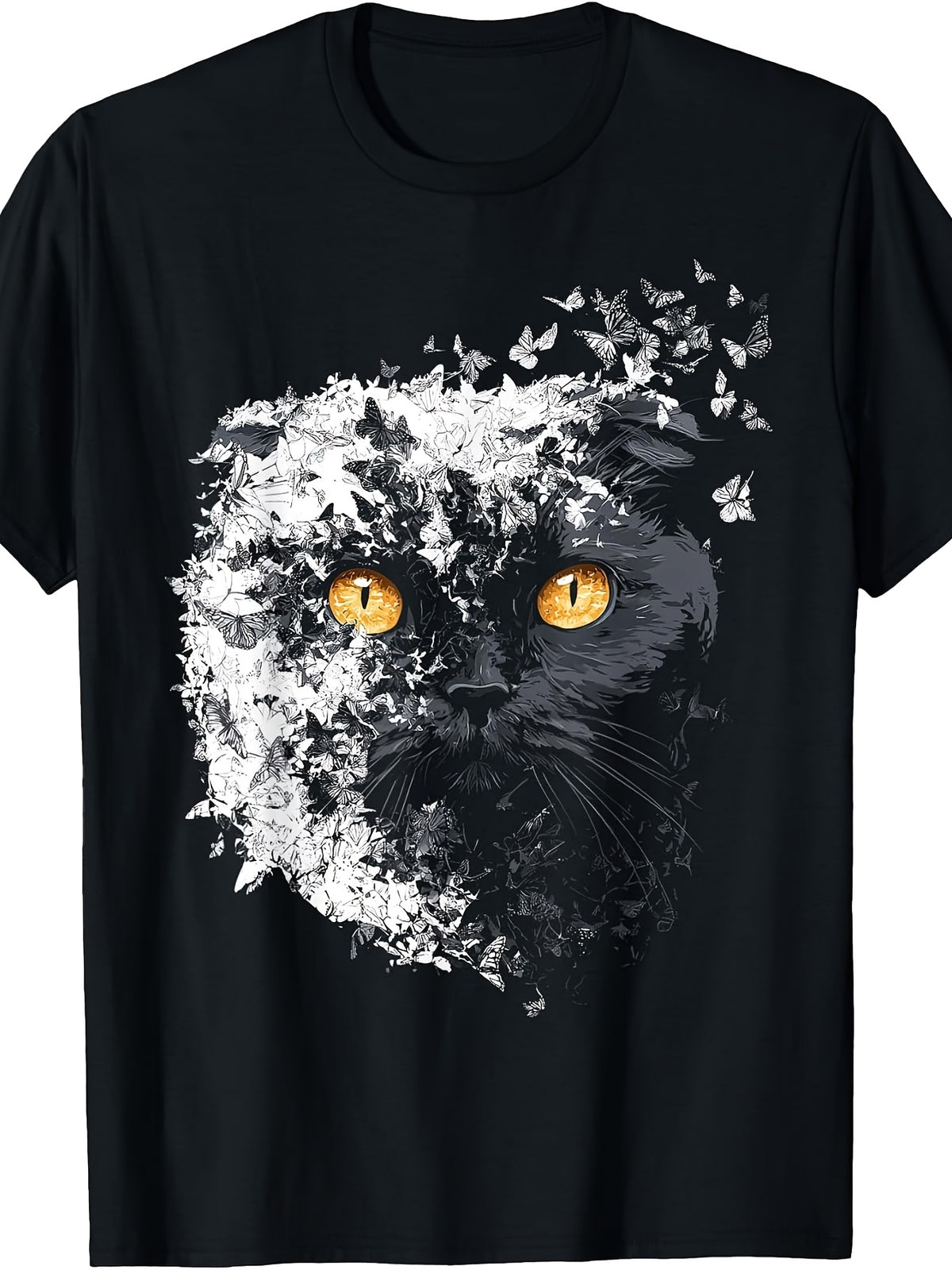 Retro Scottish Fold Cat T-Shirt - Butterfly Print Suitable for Cat Lovers, Round Neck Casual Tee with Iconic Feline, Machine Washable Apparel for Casual Attire & Gifts