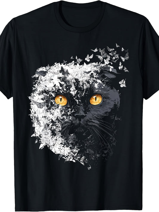 Retro Scottish Fold Cat T-Shirt - Butterfly Print Suitable for Cat Lovers, Round Neck Casual Tee with Iconic Feline, Machine Washable Apparel for Casual Attire & Gifts