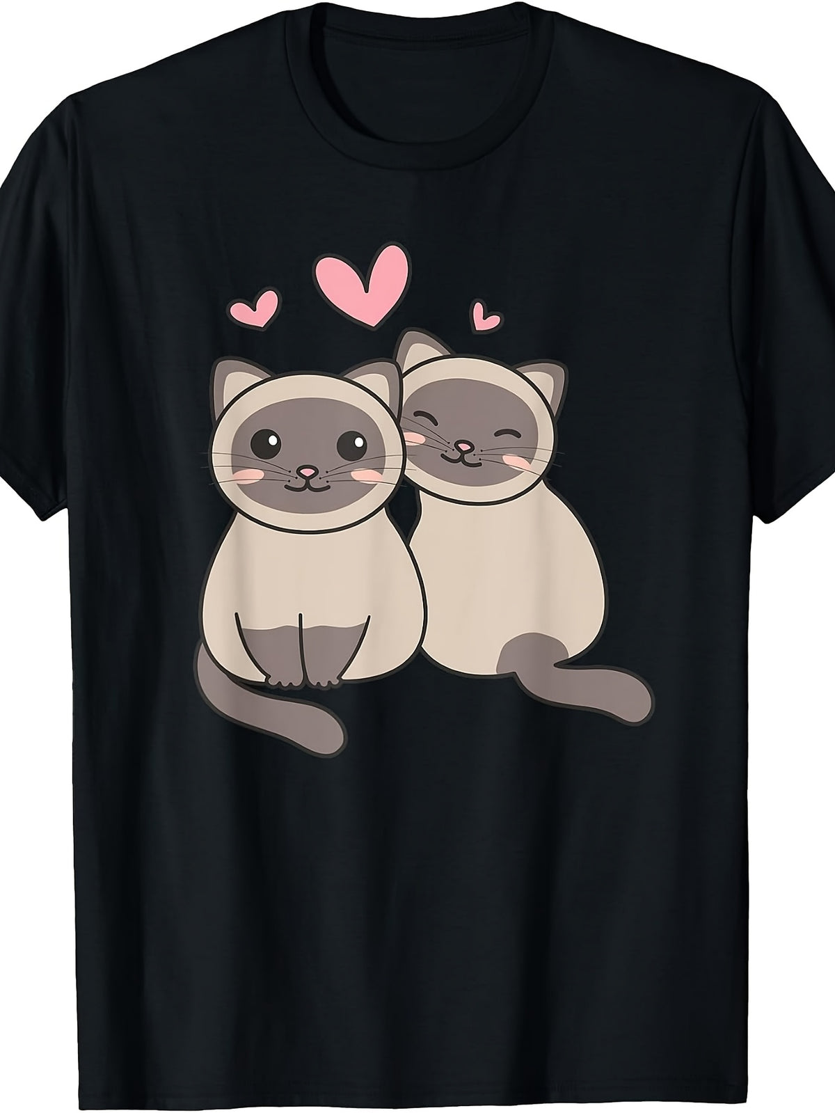 Cute Cartoon Style, Men's And Women's T-Shirt, Two Siamese Cats with Pink Hearts, Valentine's Day Or Casual Wear