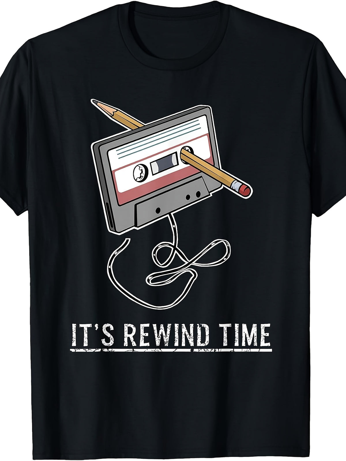 Retro Vintage Style, Men's And Women's T-Shirt, Cassette Tape Rewind Pencil Nostalgia Graphic, Casual Daily Wear Summer