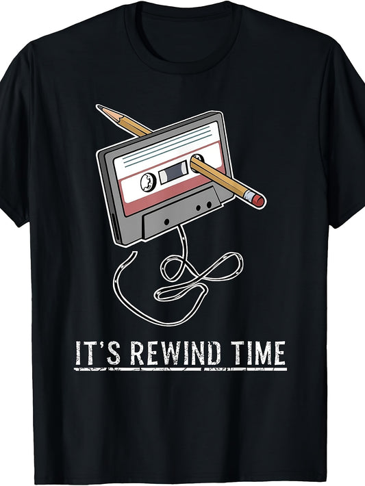 Retro Vintage Style, Men's And Women's T-Shirt, Cassette Tape Rewind Pencil Nostalgia Graphic, Casual Daily Wear Summer