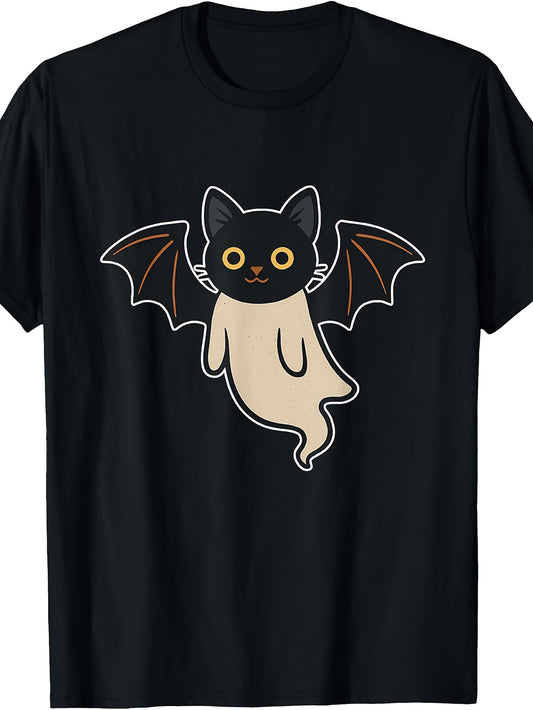 Cute Cartoon Style, Men'S And Women'S T-Shirt, Black Cat with Bat Wings Ghost Design, Halloween Party Fall Season