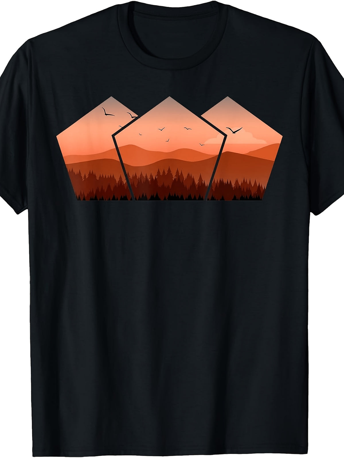 Retro Geometric Sunset Landscape, Men's And Women's T-Shirt, Orange Mountain Forest Silhouette with Birds, Outdoor Hiking Camping Summer Fall