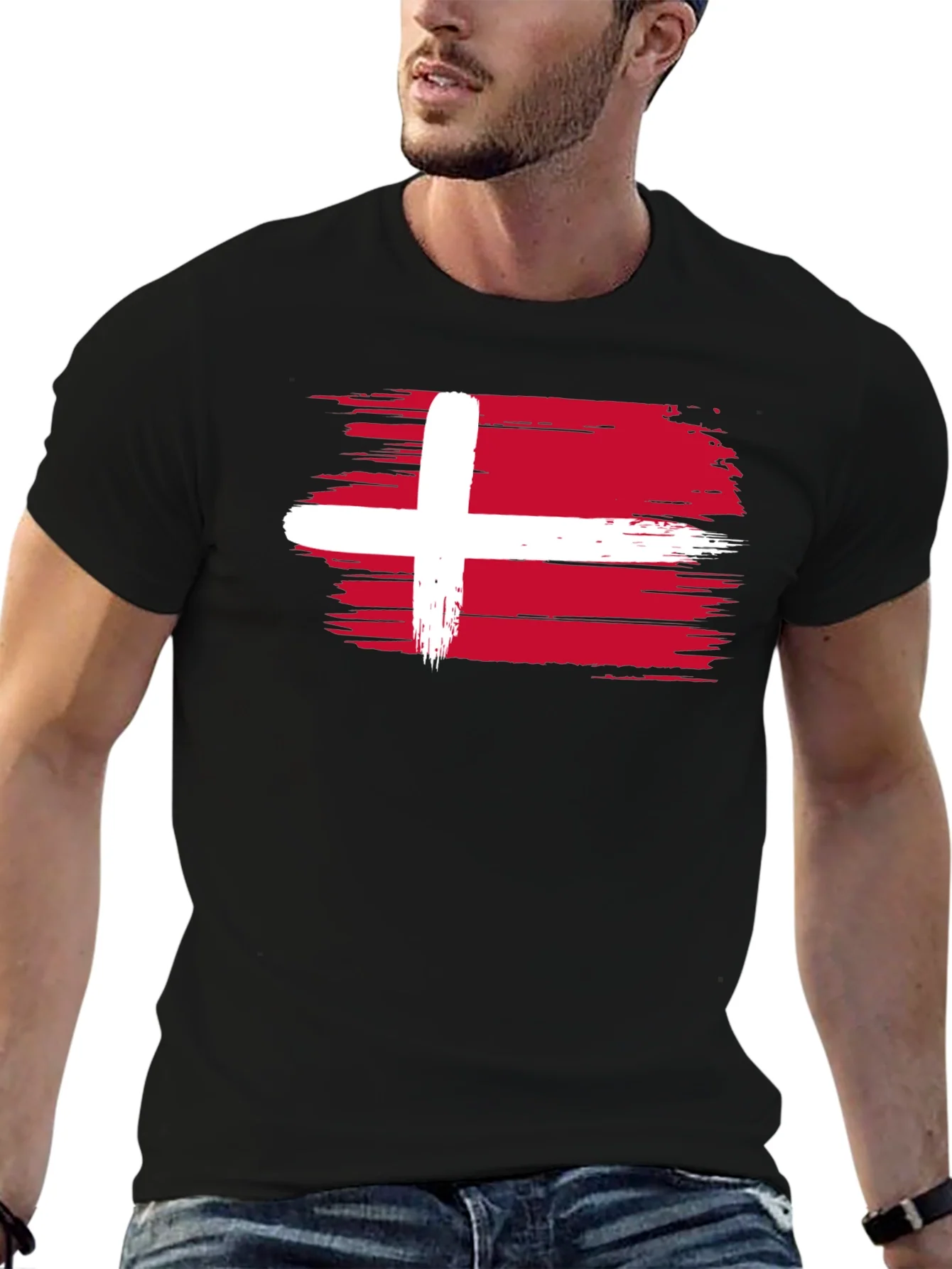 Denmark Flag T-Shirt - Black Crew Neck Tee