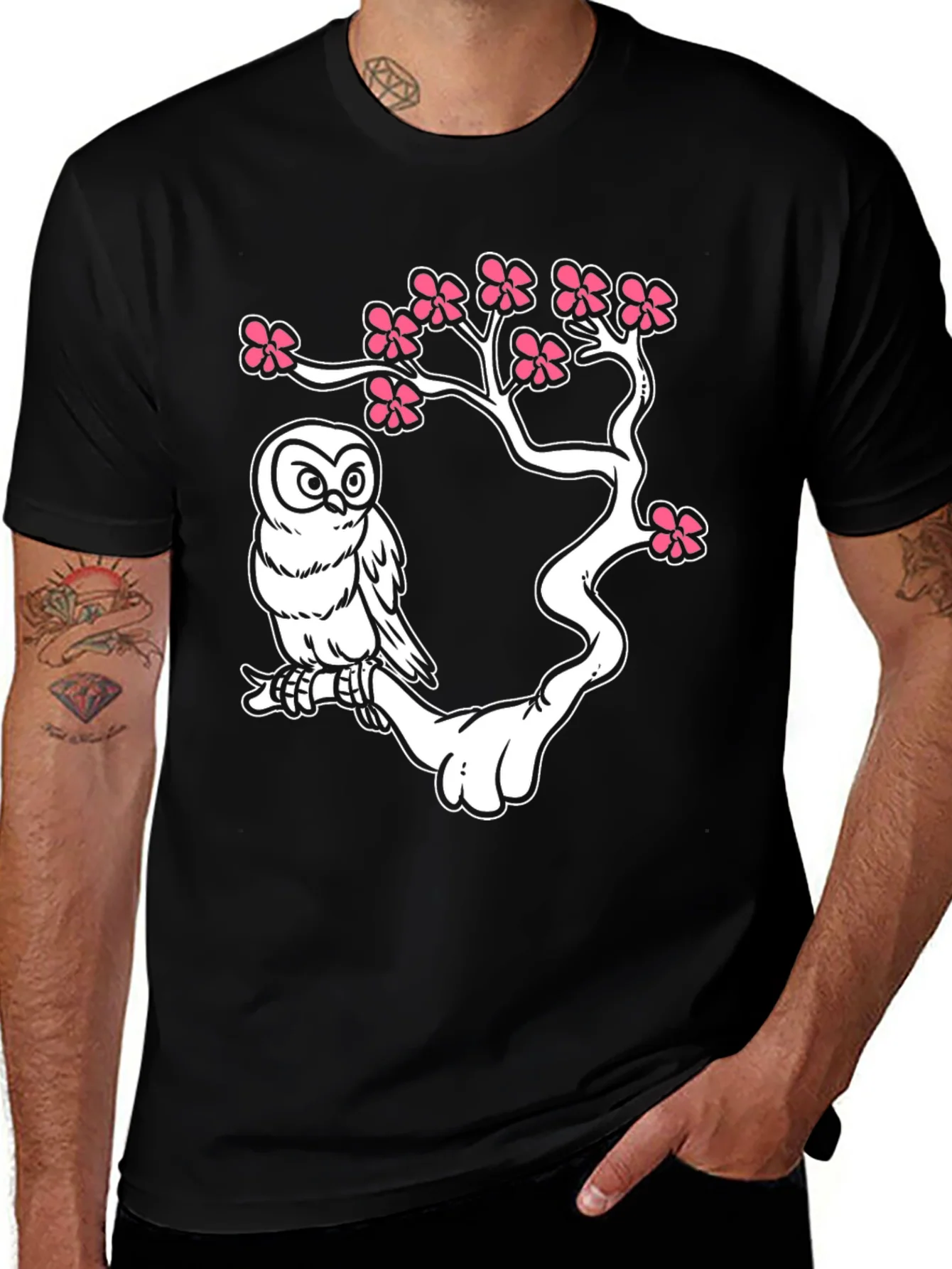 Owl on Branch Graphic T-Shirt - Black