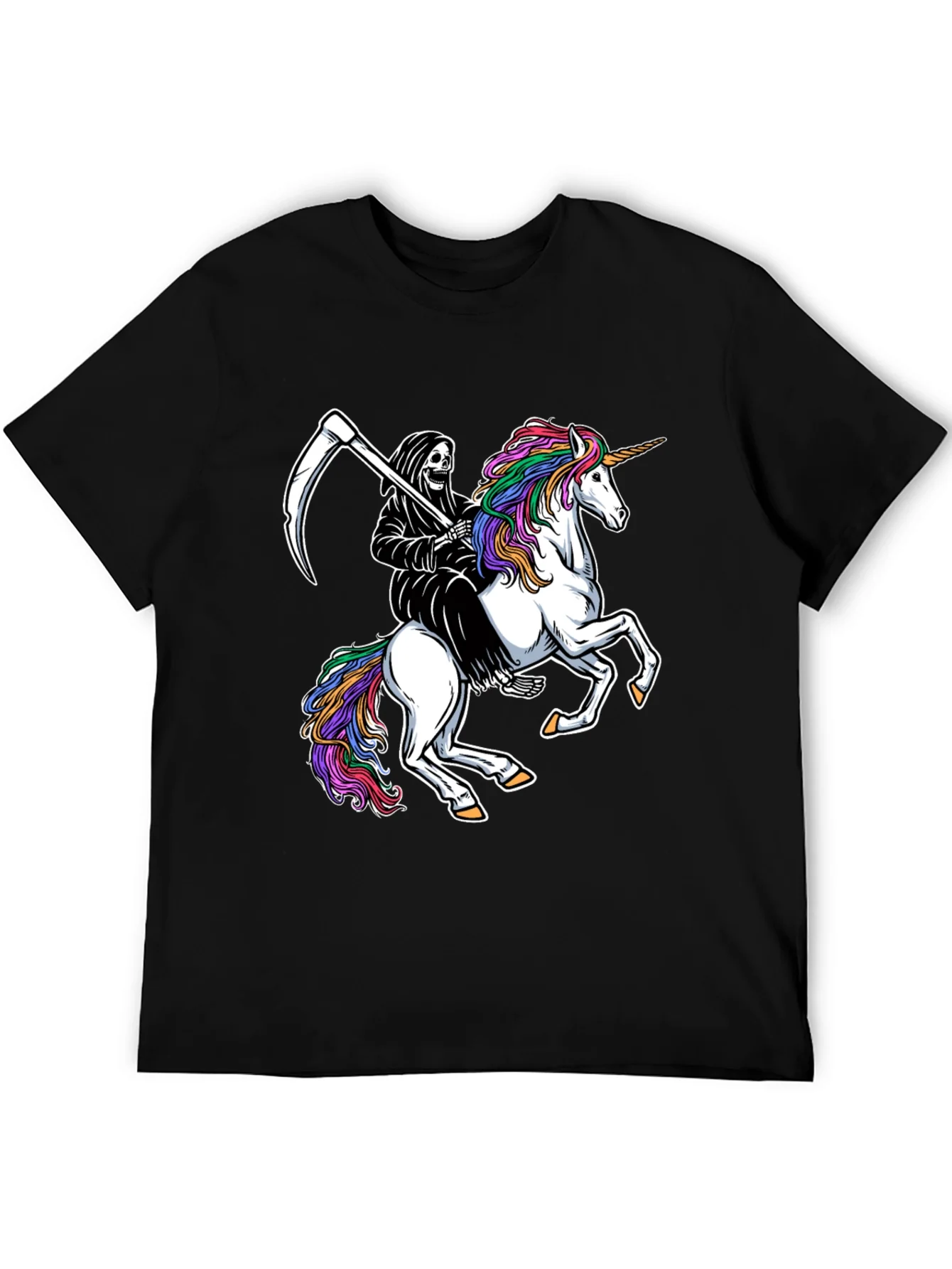 Grim Reaper Riding Unicorn Black T-Shirt