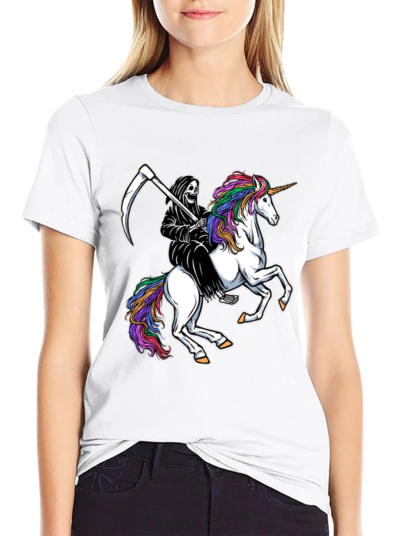 Grim Reaper Riding Unicorn Black T-Shirt