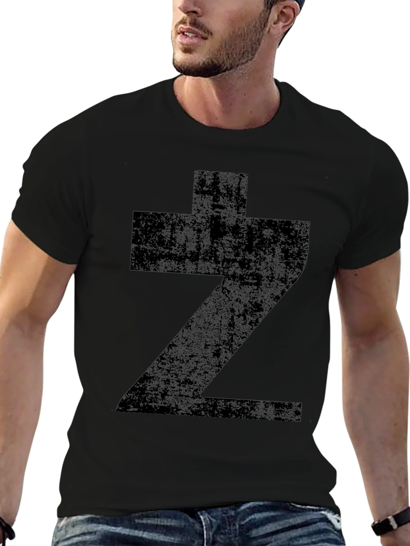 Graphic Tee: Distressed Black Z Print T-Shirt