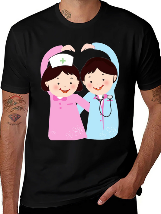 Cartoon Nurse Heart T-Shirt - Black
