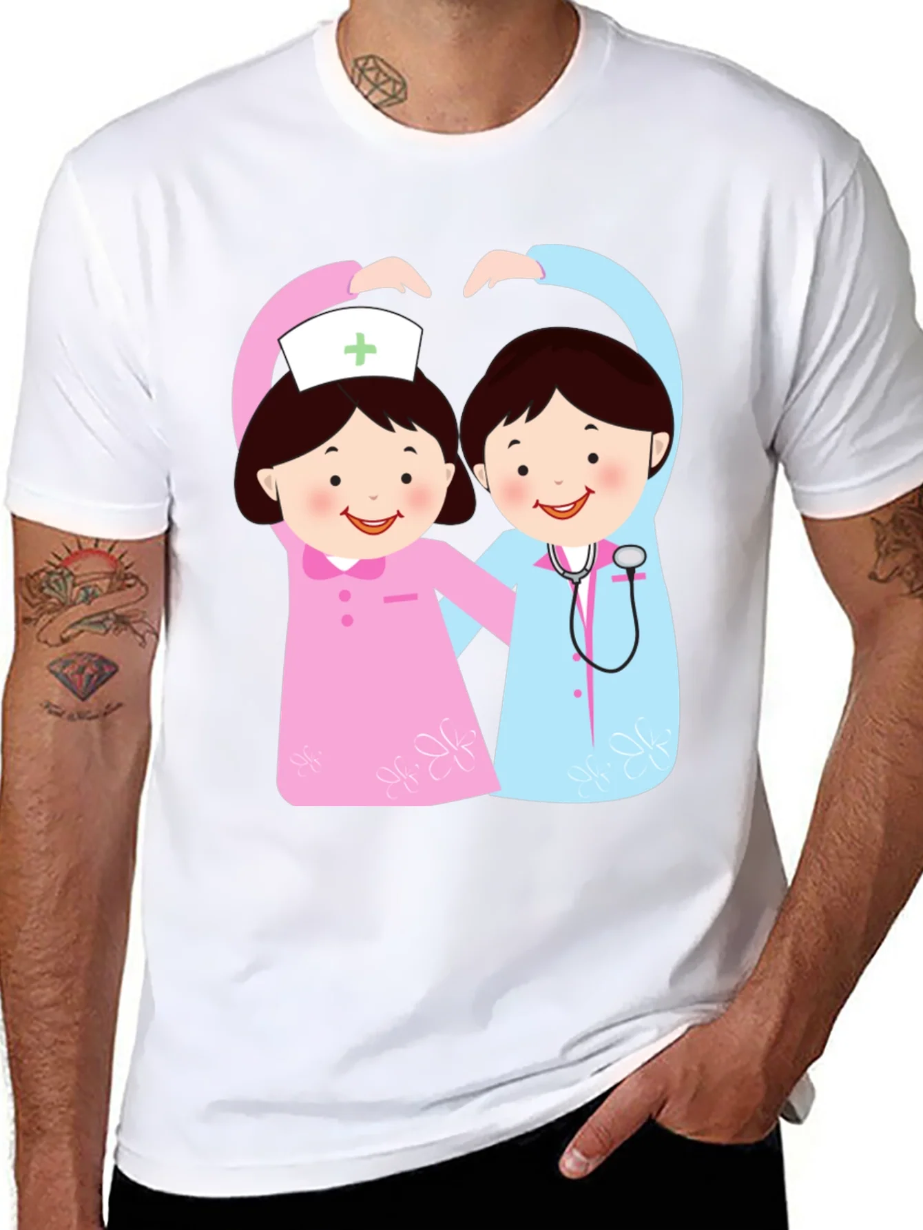 Cartoon Nurse Heart T-Shirt - Black