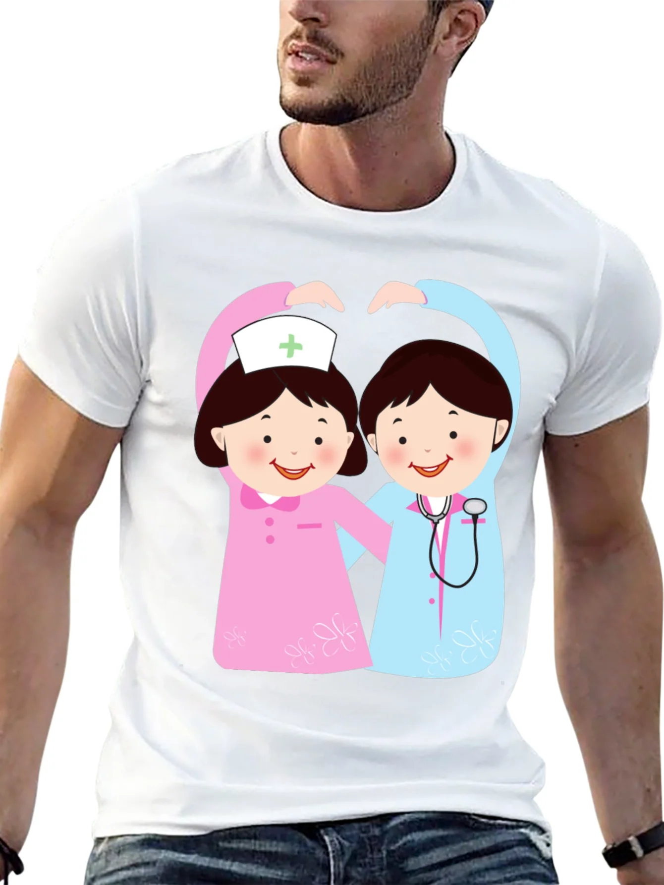Cartoon Nurse Heart T-Shirt - Black