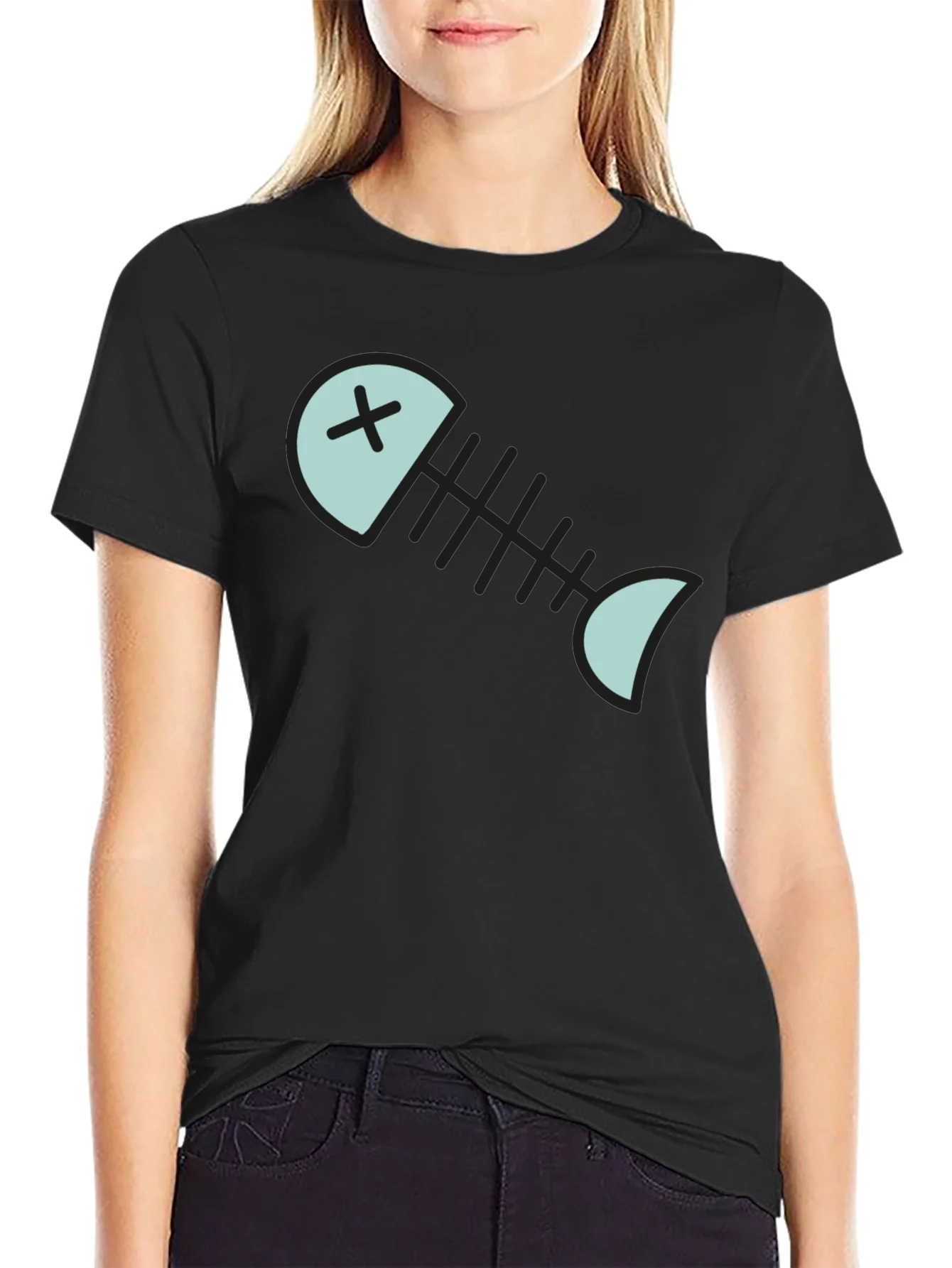 Cartoon Fish Skeleton Graphic Tee - Black