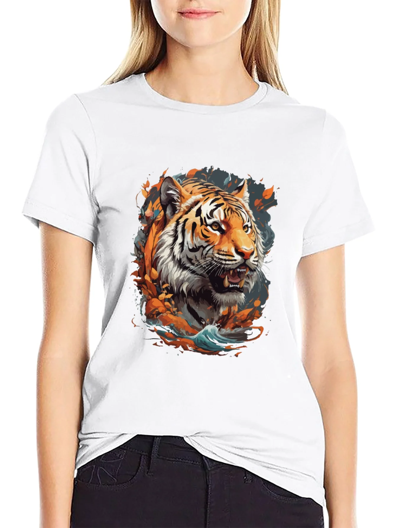 Tiger Graphic Print Crew Neck T-Shirt