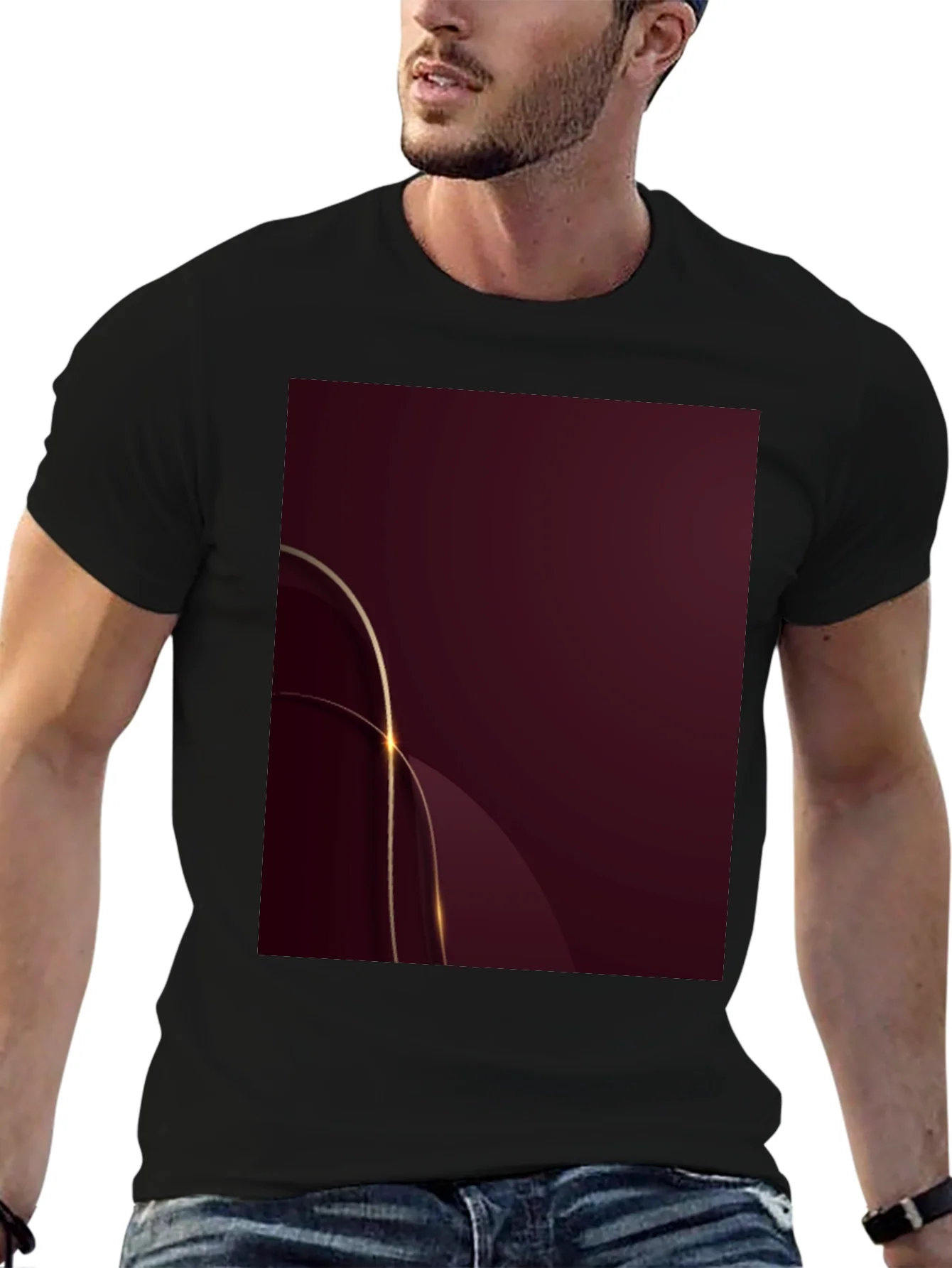 Stylish Black Tee with Abstract Burgundy & Gold Design