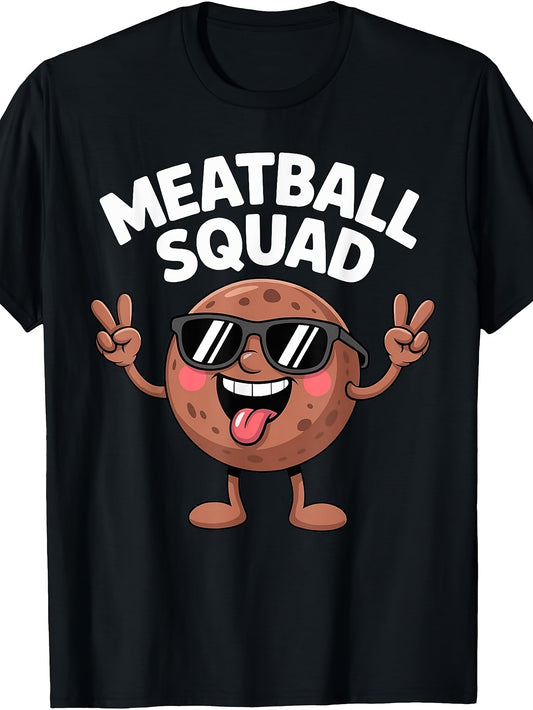 Meatball Squad Italian Graphic T-Shirt - Retro Pasta with Spaghetti & Meatballs Print, Casual Round Neck Tee Suitable for - Wear, Machine Washable Italian Cuisine Apparel for