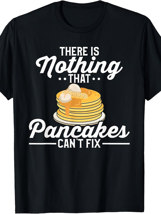 Retro Pancake Lover T-Shirt - "Nothing Can Fix Pancake Problems Except More Pancakes" Funny Graphic Tee, Round Neck Casual Gift Suitable for, Year-Round Wear & Machine Washable Pancake