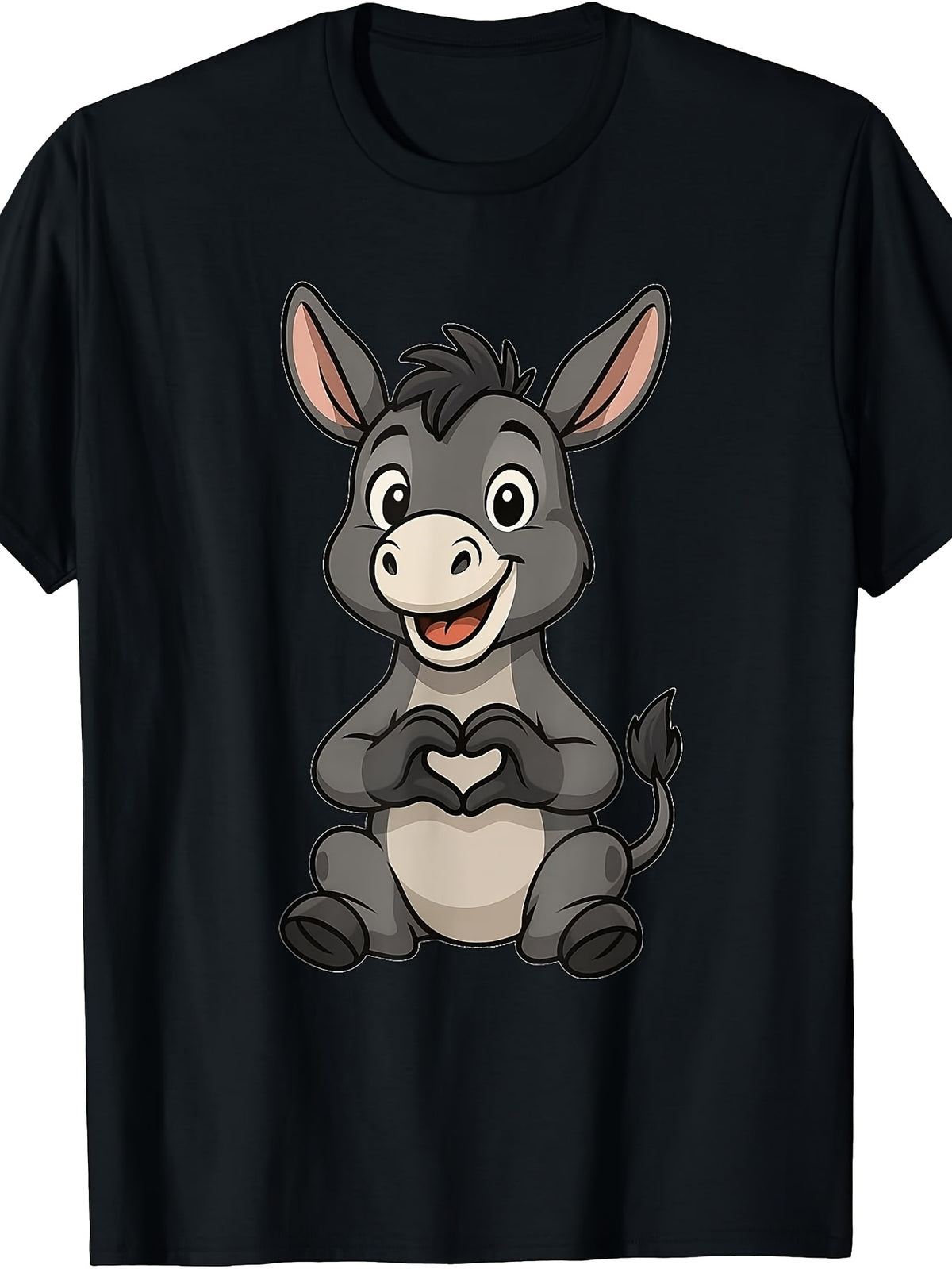 Cute Cartoon Style, Men's And Women's T-Shirt, Adorable Donkey Making Heart Shape with Hands, Casual Daily Wear Summer Spring