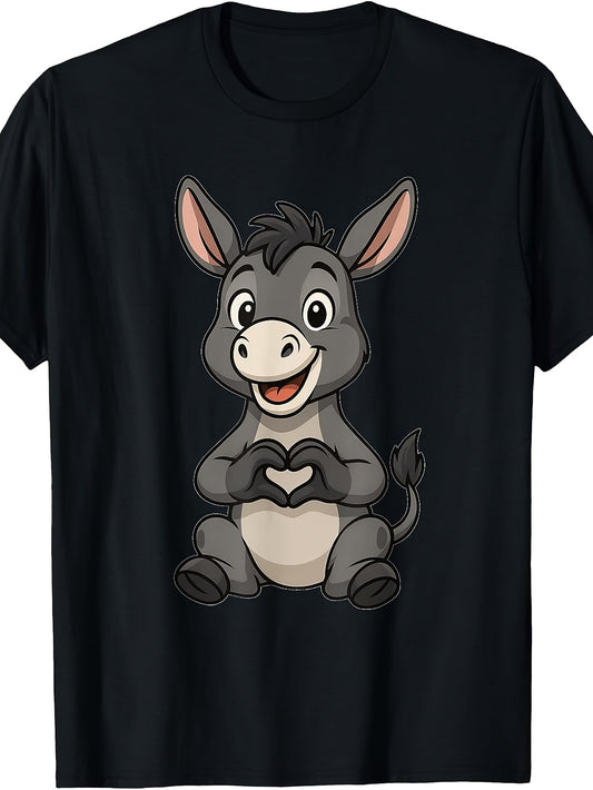 Cute Cartoon Style, Men's And Women's T-Shirt, Adorable Donkey Making Heart Shape with Hands, Casual Daily Wear Summer Spring