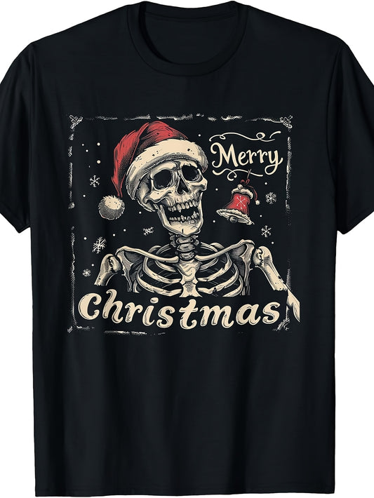 Retro Matching Family T-Shirt - Funny Skeleton Skull & Santa Suitable for Christmas, Matching Outfits, Machine Washable Round Neck Tee for Year-Round Wear, Casual Holiday Apparel for Parties & Everyday Use