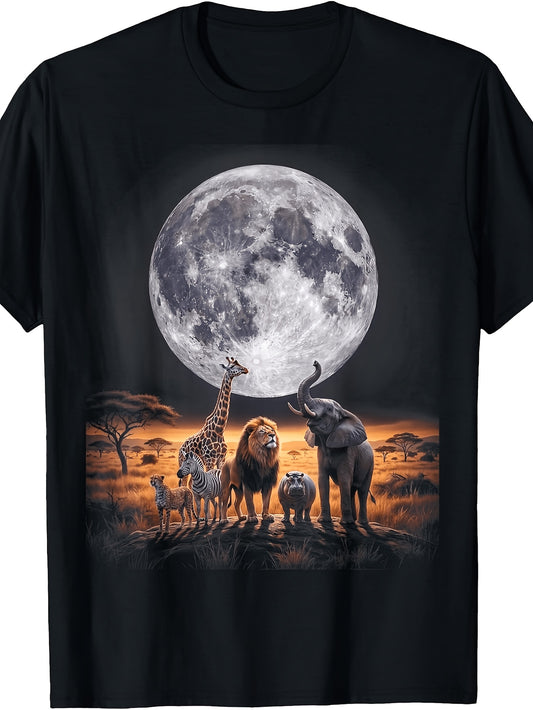 Men's And Women's T-Shirt, African Safari Animals Under Full Moon Graphic, Summer Outdoor Wear
