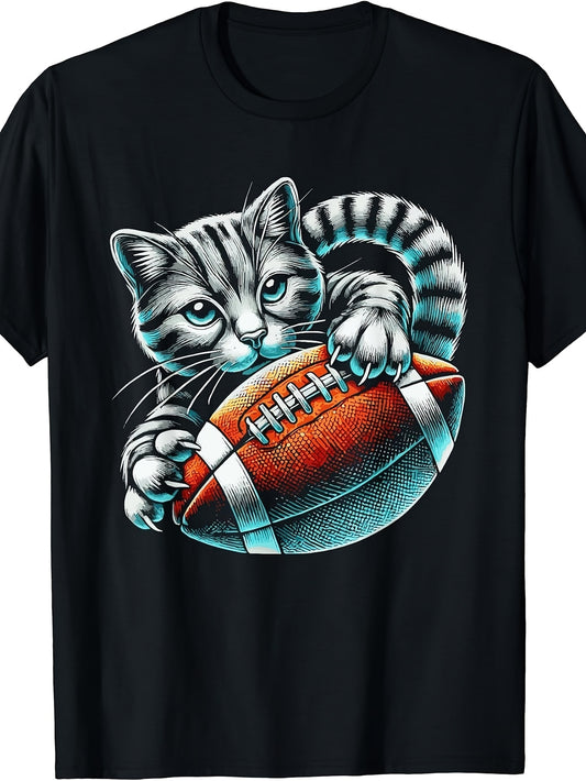 Men's & Women's Retro Cat & American Football T-Shirt - Cute Kitten with Rugby Ball Design, Round Neck Casual Tee Suitable for Fall Winter, Machine Washable Unisex Apparel for Events & Casual Attire