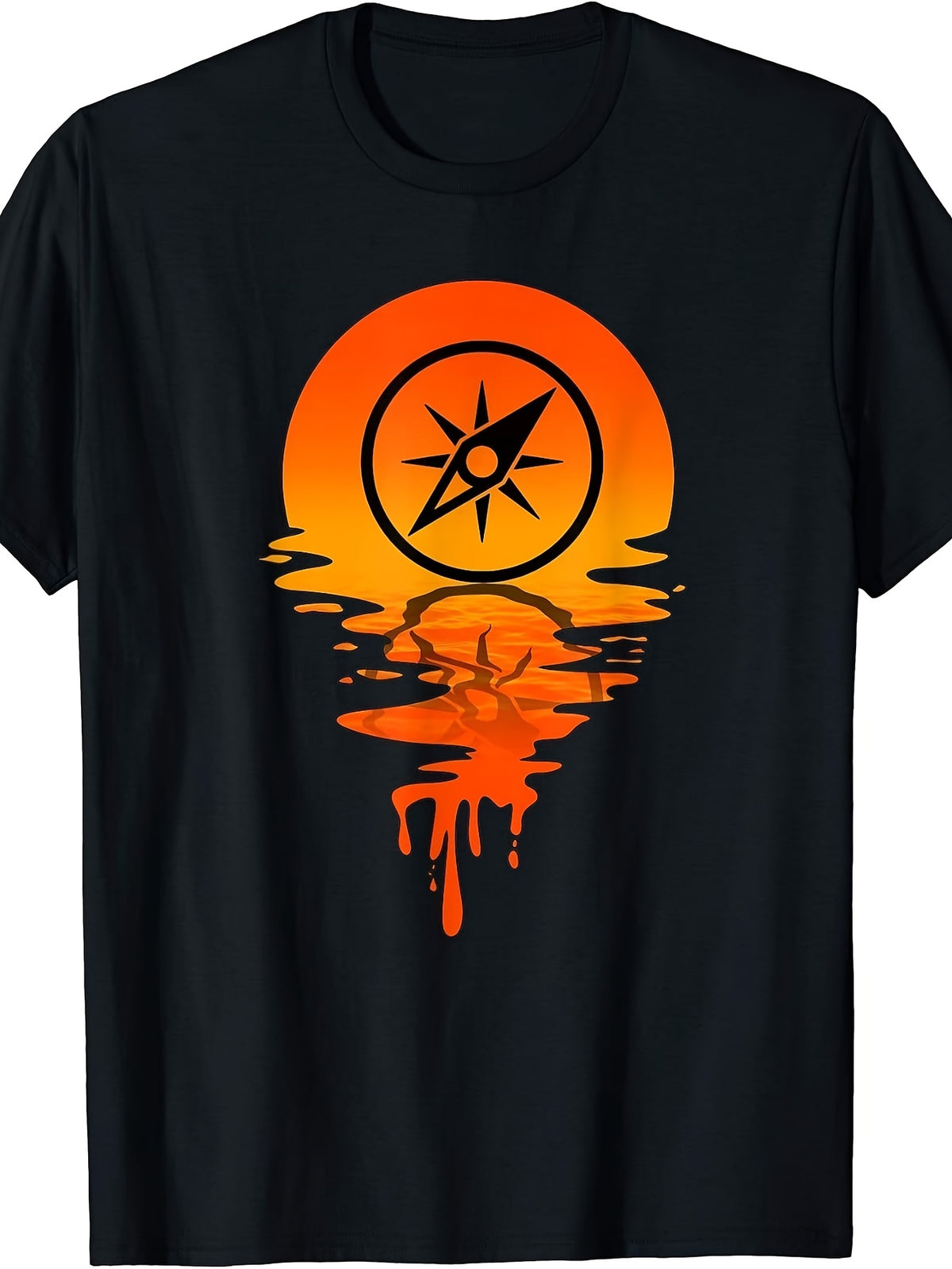 Retro Vintage Style, Men'S And Women'S T-Shirt, Compass Sun Sunset Reflection Graphic, Summer Beach Vacation Outdoor Adventure