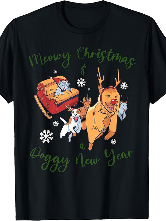 Men's & Women's Retro Cat & Dog Christmas T-Shirt - Funny Pet Lover Gift Suitable for Holiday Season, -Season Casual Wear, Machine Washable Round Neck Tee with Design for