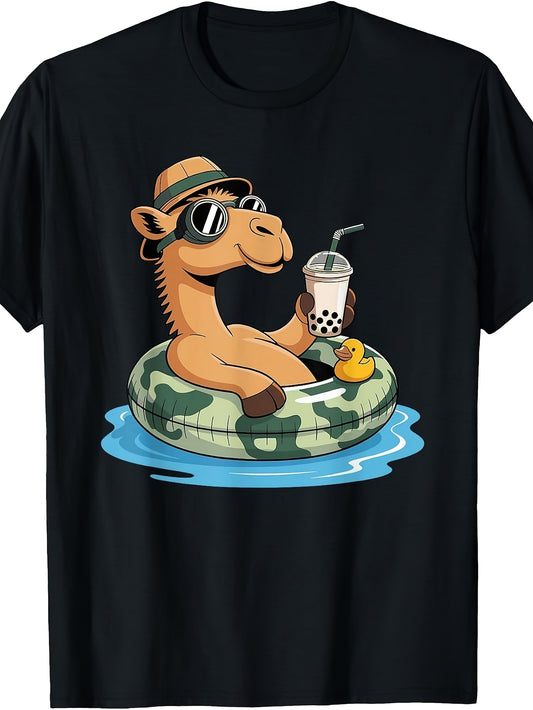 Men'S And Women'S T-Shirt, Cartoon Camel Wearing Hat And Sunglasses Drinking Bubble Tea in Camo Floatie with Rubber Duck, Summer Beach Pool Party Vacation