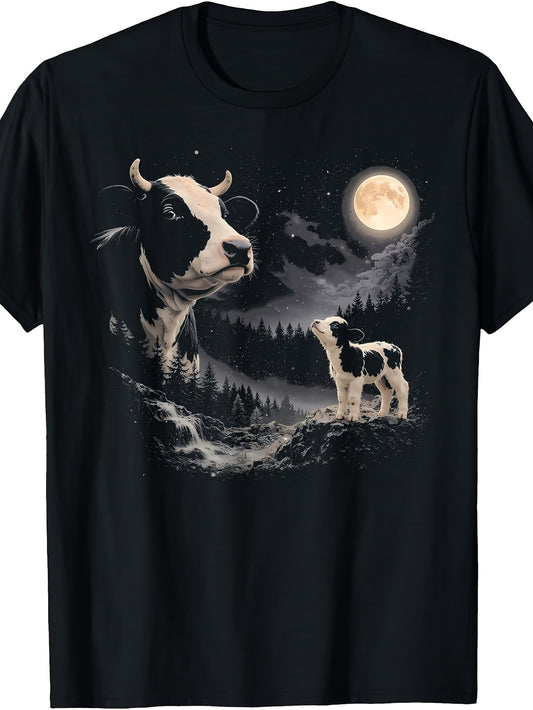 Men'S And Women'S T-Shirt, Surreal Cow And Calf Under Moonlight Night Sky with Forest And Waterfall, Casual Wear Summer Spring