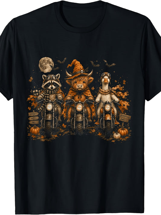 Men'S And Women'S T-Shirt, Halloween Motorcycle Animals Design, Autumn Festival Party Wear