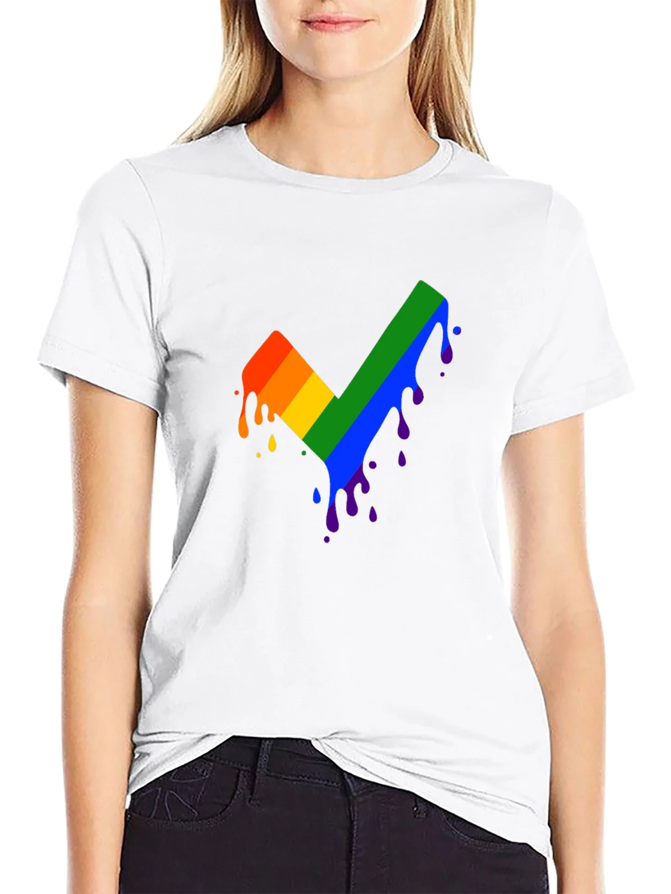 Rainbow Dripping Checkmark Black T-Shirt
