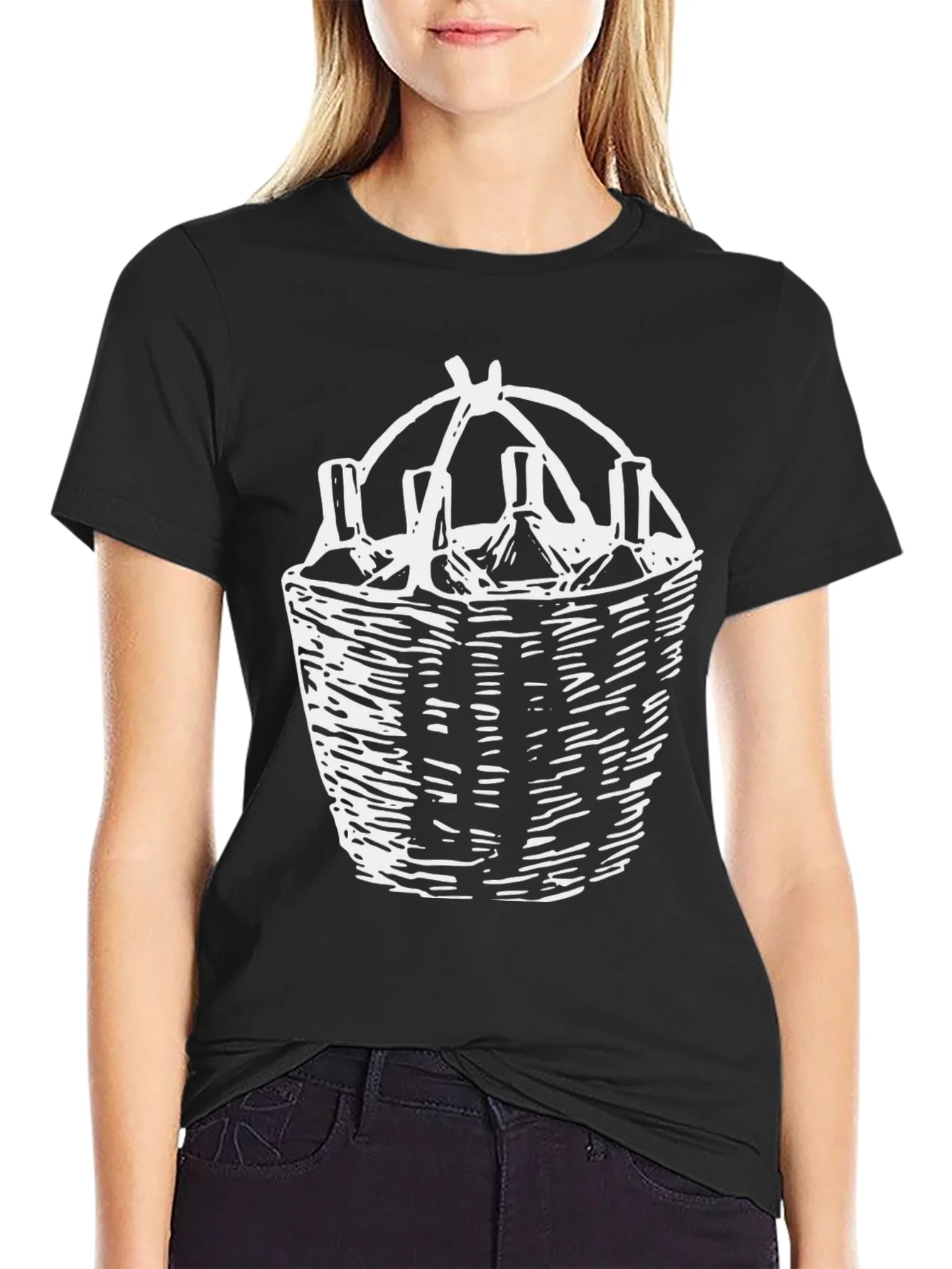 Wine Basket Graphic Tee - Black Cotton T-Shirt