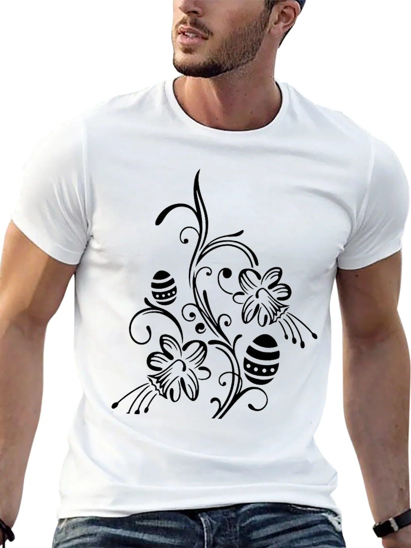 Floral Easter Egg Print Black T-Shirt